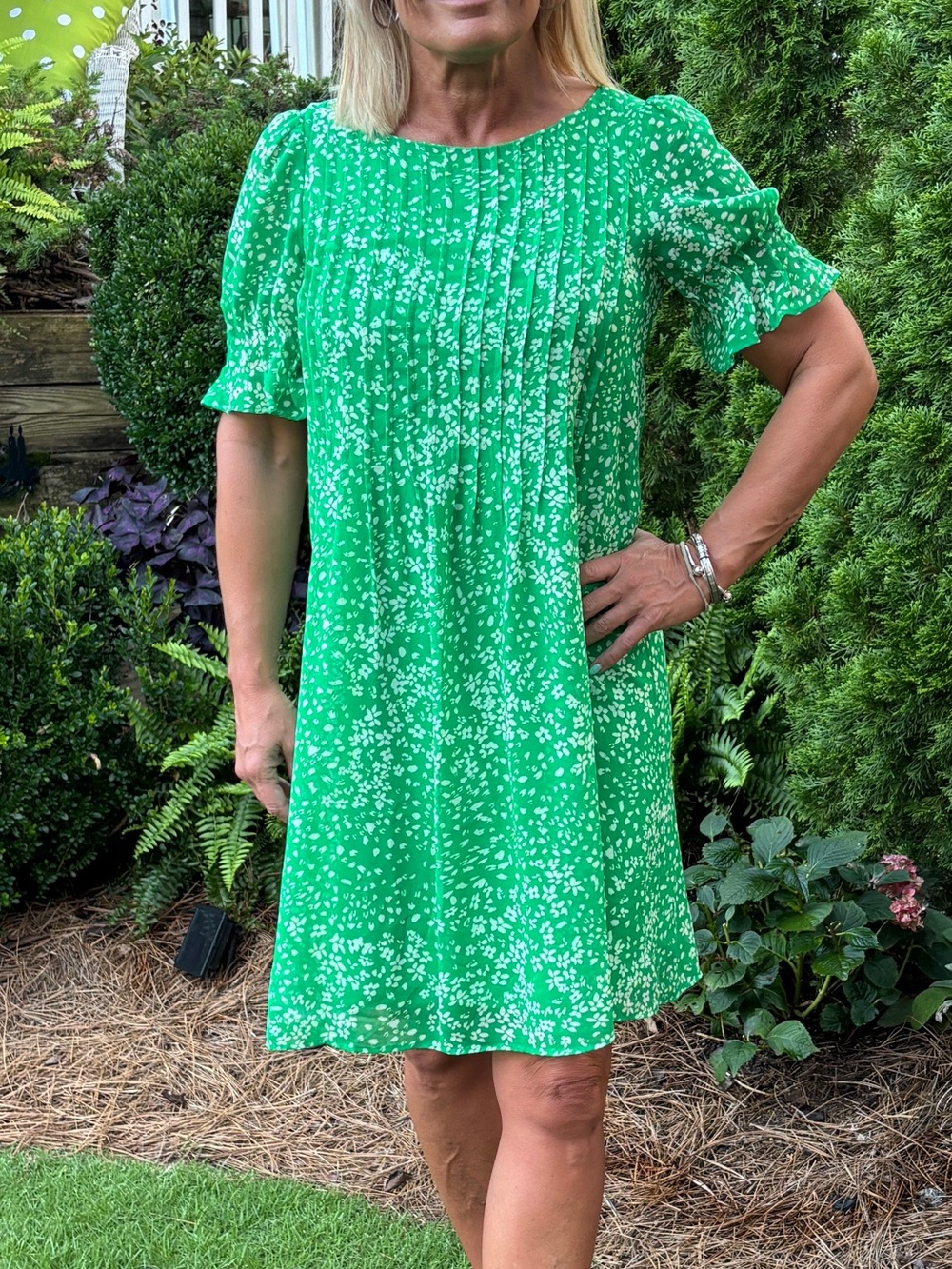 DKNY Green and White Floral Short-Sleeve Dress